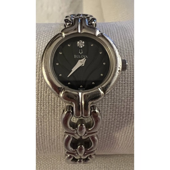 Bulova 96p03 Quartz Ladies Diamond Watch Black Dial Steel Analog Tested  Works